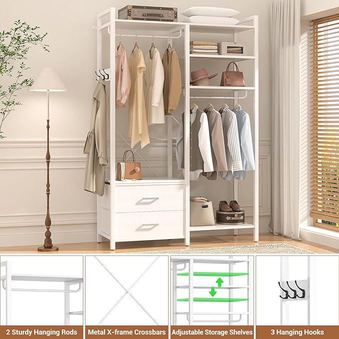 Besiost 78.7'' Clothes Rack for Hanging Clothes - Reversible Clothing Rack with 4 Drawers, Heavy Duty Garment Racks with Shelves, 6 Tiers Freestanding Portable Closet Wardrobe System, Set of 2 White