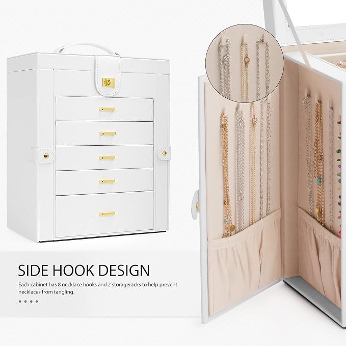 AKOZLIN 6-Tier Jewelry Box Organizer Functional 5 Drawers Leather Jewelry Storage Case for Women Girls Ring Necklace Earring Bracelet Holder Organizer with Mirror White Regular