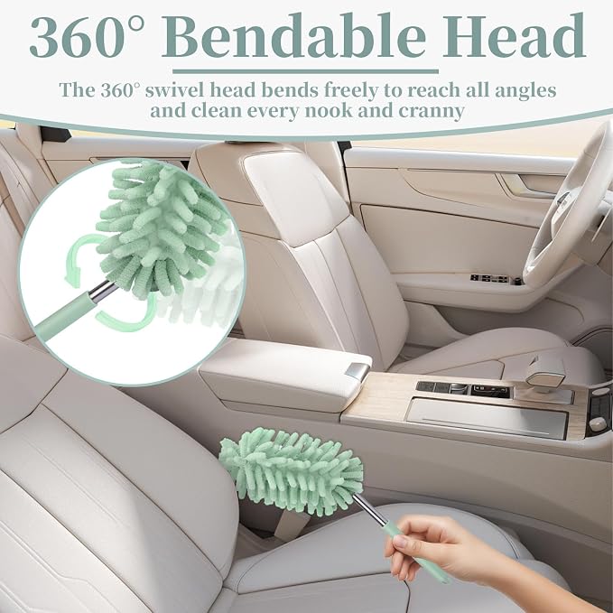 2 PCS Car Interior Duster with Extension Pole, Microfiber Car Dusters with Bendable Head, Cars Dusters Exterior&Interior Scratch Free, for Cleaning of Vehicle Details, Offices, Window (Light Green)