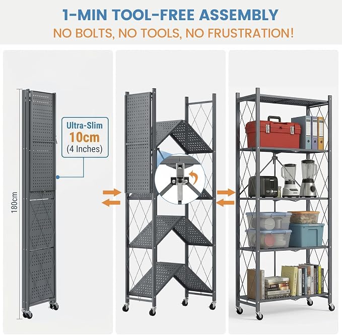 ALANNG 70.7" H Metal Storage Shelves, 5 Tier Folding Shelf on Wheels | Heavy Duty, No Assembly, Rolling, Collapsible Rack Unit for Kitchen, Basement, Pantry (Gray,2 Pack)