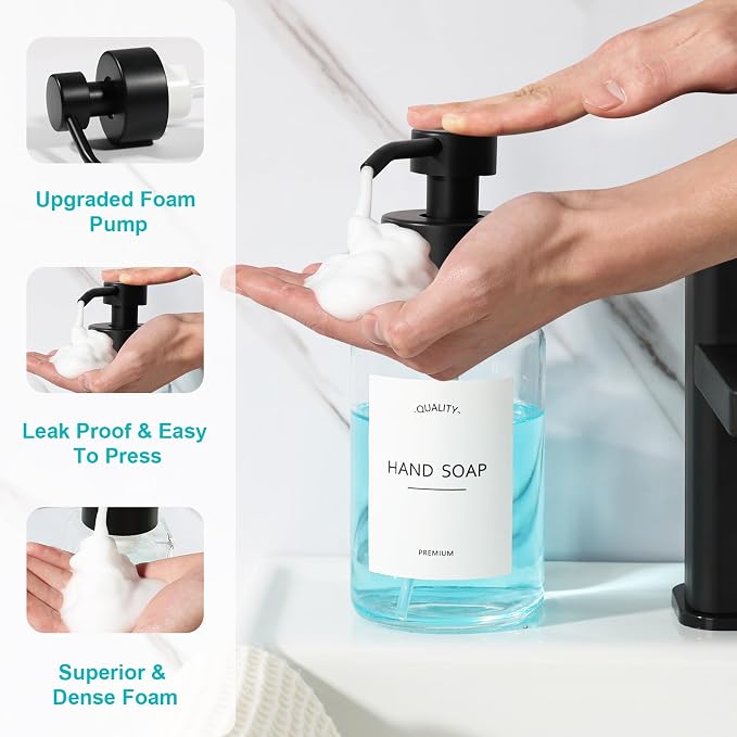 Foaming Hand Soap Dispenser, 14.1 oz/400ml Foaming Soap Dispenser, 2 Pack Glass Foaming Dispenser for Bathroom & Kitchen, Clear Refillable Liquid Dispenser Bottle with Waterproof Labels