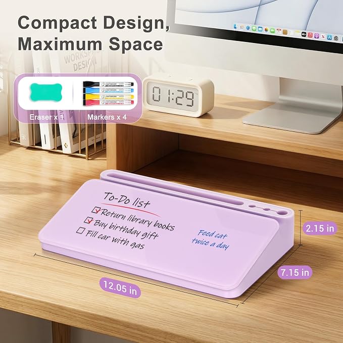 Small Desktop Glass Whiteboard with Storage, Desk White Board Stand Purple | Computer Keyboard Stand, Office Desk Organizers and Accessories with Drawer, To Do Memo Notepad, Home School Supplies