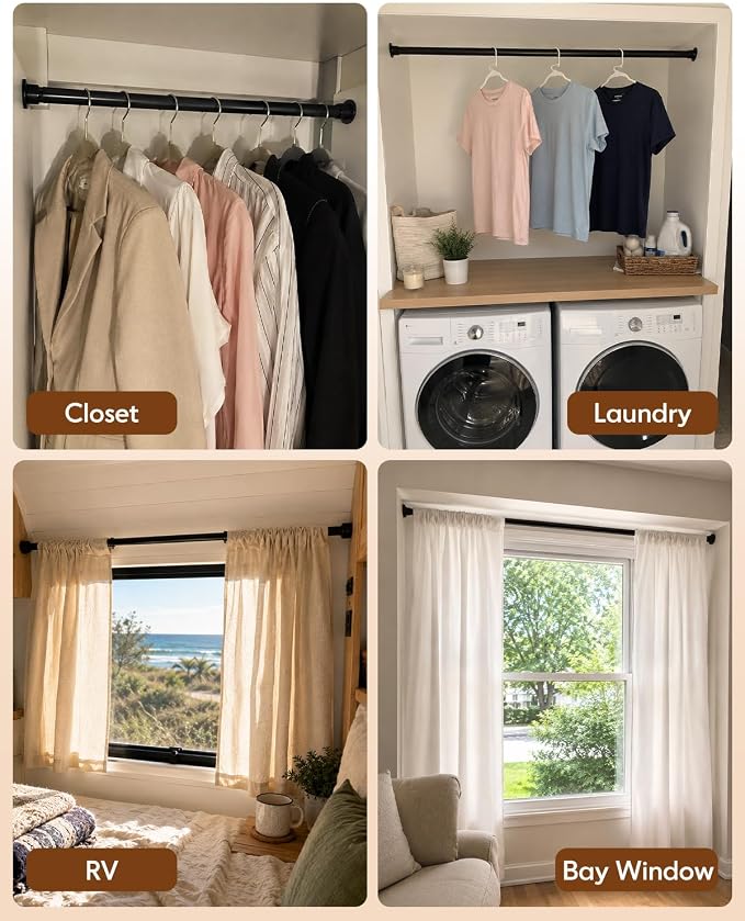 Closet Rods for Hanging Clothes, 18-92 Inch Stepless Adjustable Closet Rod, Heavy Duty Metal Closet Hanging Rod with Closed-Ring Brackets, Multi-Use Clothes Bar for Wardrobe Laundry Room RV, Black