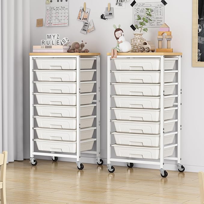 caktraie Rolling Cart with 8 Storage Drawers, Craft Organizers Cart with Wooden Tabletop, Mobile Utility Drawer Cart with Lockable Wheels, for Classroom, Office, Living Room & Bedroom, Beige White