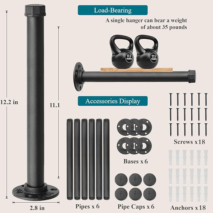 Cast Iron Wall Mounted Clothes Rack, Heavy Duty Industrial Pipe Clothing Rack for Hanging Clothes, Garment Racks for Wardrobe Organizers and Storage, DIY Closet Rods Closet Bar (Black 6 Pack, 12 in)