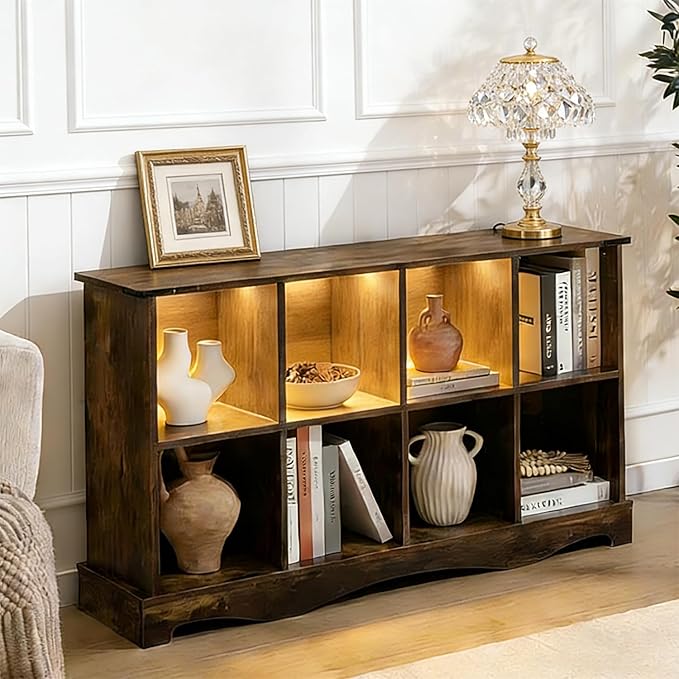 8 Cube Storage Organizer Bookcase, Long Horizontal Wood Bookshelf with Open Compartments, Multi-Purpose Cube Shelf, Hallway TV Stand for Living Room, Bedroom, Entryway, Brown