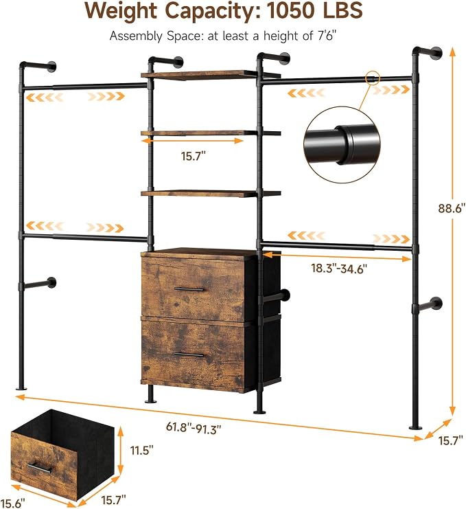 ONBRILL T3 Wall Mounted Industrial Pipe Closet Organizers Storage System | Metal Clothing Rack with 2 Drawers, 6 Wooden Shelves & 4 Expandable Rods, Heavy Duty Garment Rack, Wardrobe (Rustic Brown)