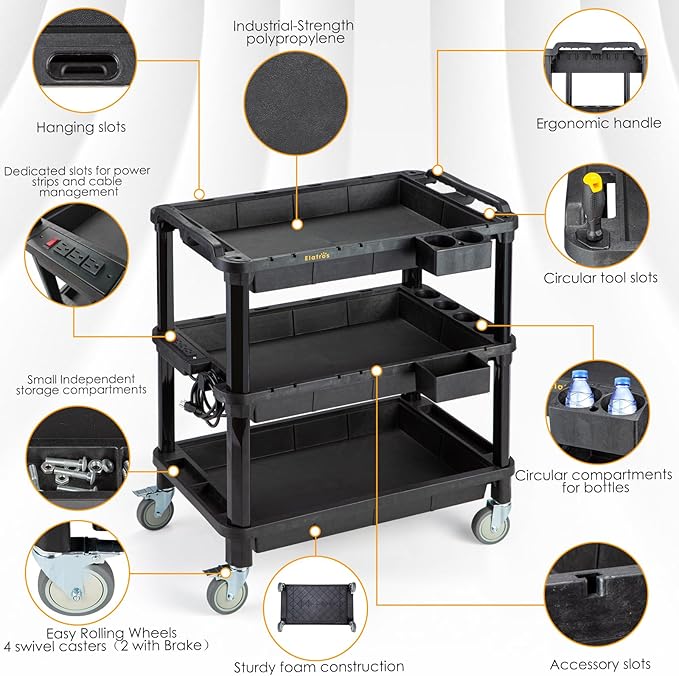 ELAFROS 3-Shelf Rolling Utility Cart with Power Strip, 32.4 x 18.3 in | Multi-Use Rolling Cart, Deep Shelves, Industrial-Grade Plastic Cart, Service Tool Cart, Work Cart, AV Equipment Storage