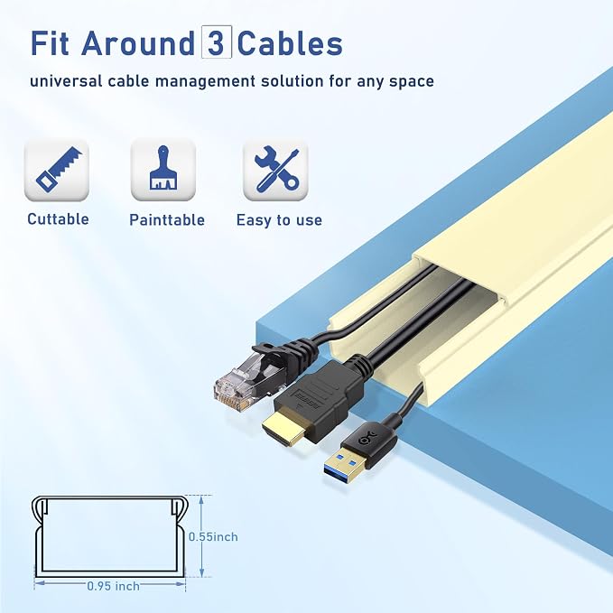 157" Cable Raceway Kit Cord Cover for Wall TV Wire Concealer, Beige | 157" wall cable raceway kit hides TV wires and cords, easy peel-and-stick installation, no drilling required, beige finish