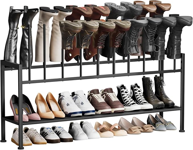 DIMJ Boot Rack 3-Tier - Black Metal Boot Storage Rack for Tall Boots Organizer Tall Boots, Multiuse Shoe Rack for Boots, Sneakers, High-Heel, Entryway, Fit for 10 Pairs, Black