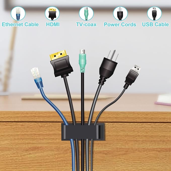 50 PCS Under Table Cable Management Clips White, Large Cable Clips for Computer Desk Cable Wire Management, Adhesive Wire Organizer Clips for Multiple Cord Management (PC, Network, TV, Ethernet)