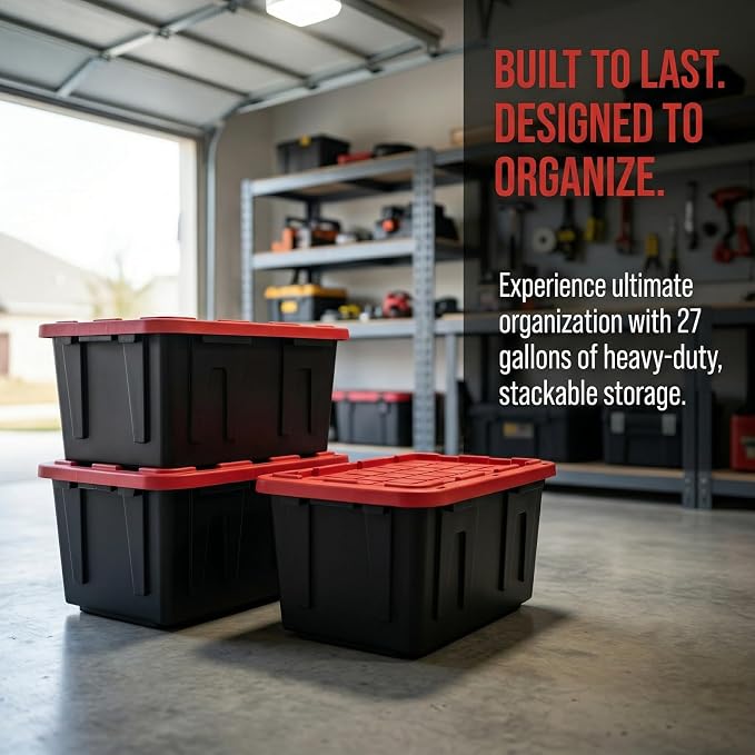 4Pcs 27-gallon Plastic Storage Box, Sturdy and Durable with A Lockable Lid, Suitable for Outdoor, Garage, Basement and Indoor Item Organization, Stackable Storage Box, Black Base and Red Lid