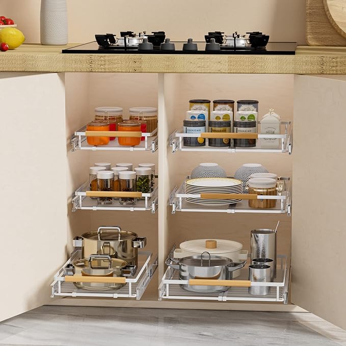 SANNO Pull Out Cabinet Organizer, Slide Out Cabinet Shelf,Under Sink Slide Out Cabinet Organizer, Pots Pans Organizer Smooth Roll,Expandable Width 16.1 to 26.4" W