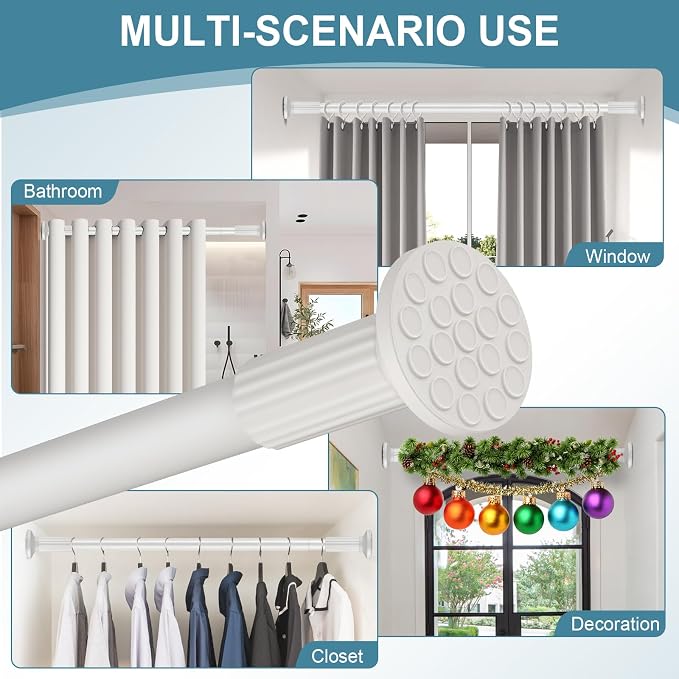 ZOCONE Tension Curtain Rod No Drilling 51-128 Inch (4.25-10.5Ft), Outdoor Curtain Rod for Patio, Heavy Duty Long Tension Rod, Adjustable Spring Loaded Shower Curtain Rod for Bathroom Window, White
