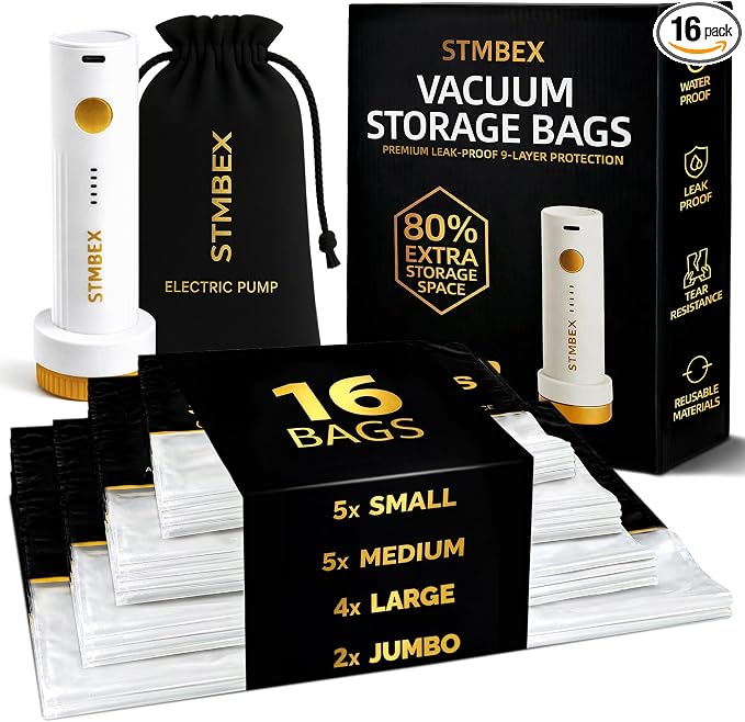 Vacuum Storage Bags with Electric Pump, Travel Vacuum Bags with USB-C Pump, Vacuum Seal Bags for Clothing Travel, Compression Sacks for Suitcase Packing, Reusable Space Saver Bags (16 Pack)
