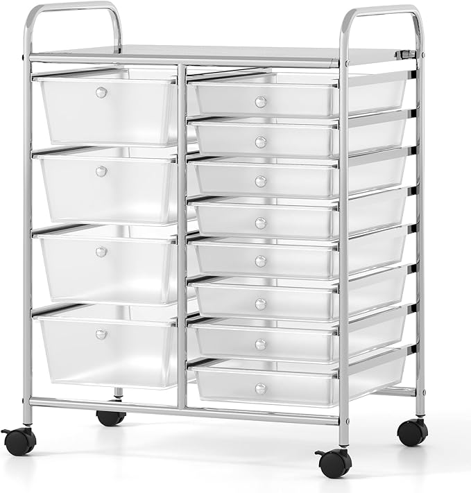 COSTWAY 12 Drawer Rolling Storage Cart, Utility Cart with Metal Frame | Mobile Art Supply Craft Organizer, Multipurpose Storage Organizer for Paper, Office, School Teacher, Classroom, Transparent