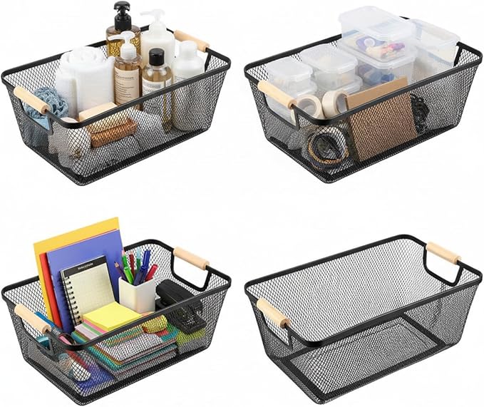 Ziliny 4 Pcs Metal Mesh Wire Baskets with Wooden Handles for Organizing, Pantry Organizers and Storage Steel Bin Kitchen Baskets for Fruit Potato Onion Snacks Bathroom Cabinet(Large,Black)