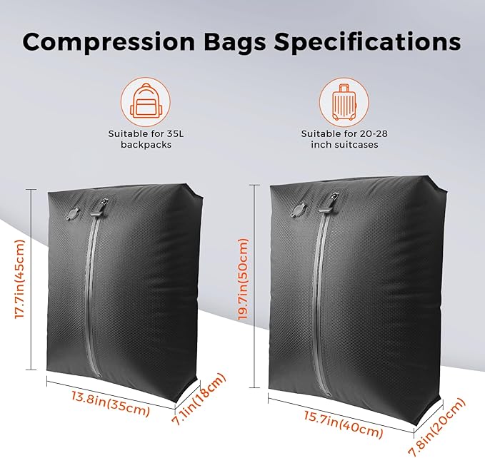 Travel Vacuum Bags with Pump, IP67 Reusable Vacuum Compression Bags for Travel, Backpack & Suitcases, Home Storage, Vacuum Seal Packing Cubes for Clothing (2-Pack, 40L/28L - Pump)