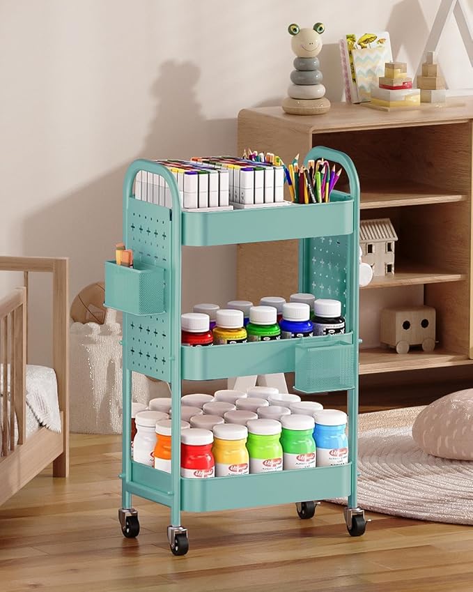 ALVOROG 3 Tier Metal Rolling Utility Cart with Pegboards,Baskets,Hooks,Blue | More Storage Craft Cart with Pegboards,Lockable Wheels,Hooks & Baskets to Organize Kitchen,Office,Bedroom and DIY Supplies