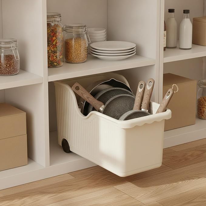 Pull-Out Storage Basket with Wheels, White PP Plastic Sliding Bin for Under Sink Cabinet Organization, Kitchen Pantry and Bathroom (1 PC)