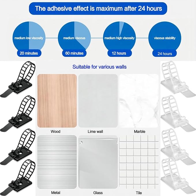 Adjustable Adhesive Cable Management Clips 100Pcs, Large self Adhesive Cable Ties Clips ，Suitable for Cable Management Under desks and on Walls (White)