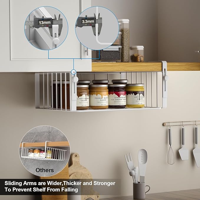 AmonHouseware 2Pack Under Shelf Basket Organizer,Adjustable Hanging Holder Storage for Cabinet Pantry Kitchen Cupboard Desk Counter Bookshelf Organization Add-on Space Saver Heavy Duty Slide-in,White