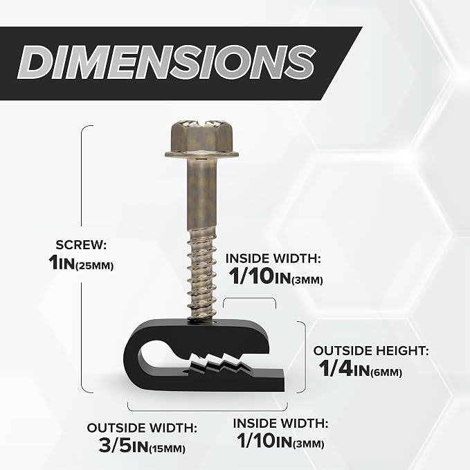 THE CIMPLE CO Mini Screw-in Cable Clips and Fasteners - Indoor/Outdoor Single Screw Clips - 3mm Wire Clamps for Fiber Optic Cables and Thermostat, Ground Wires - 3 mm (1/10 Inch), Black, 50 PCS