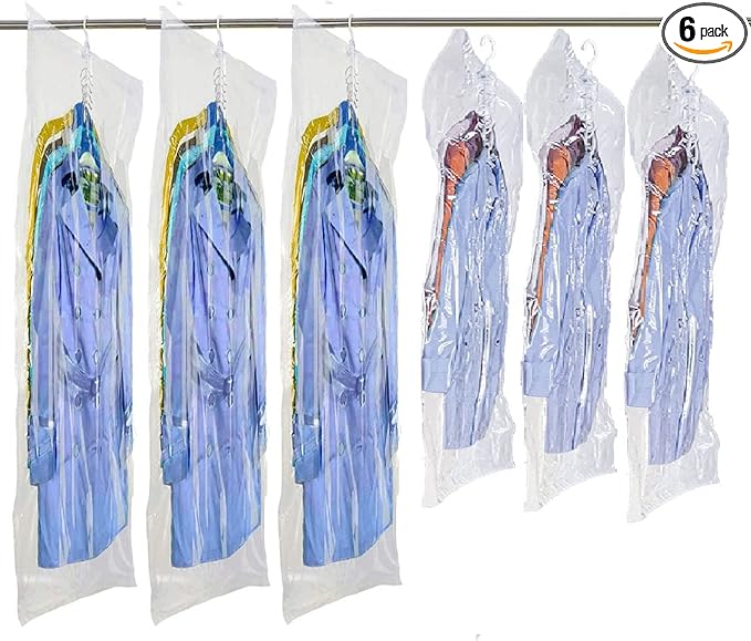 Hanging Vacuum Space Saver Bags 6 Pack, Closet Organizer Storage Bags, Vacuum Seal Clear Bags for Clothes, Suits, Dress or Jackets