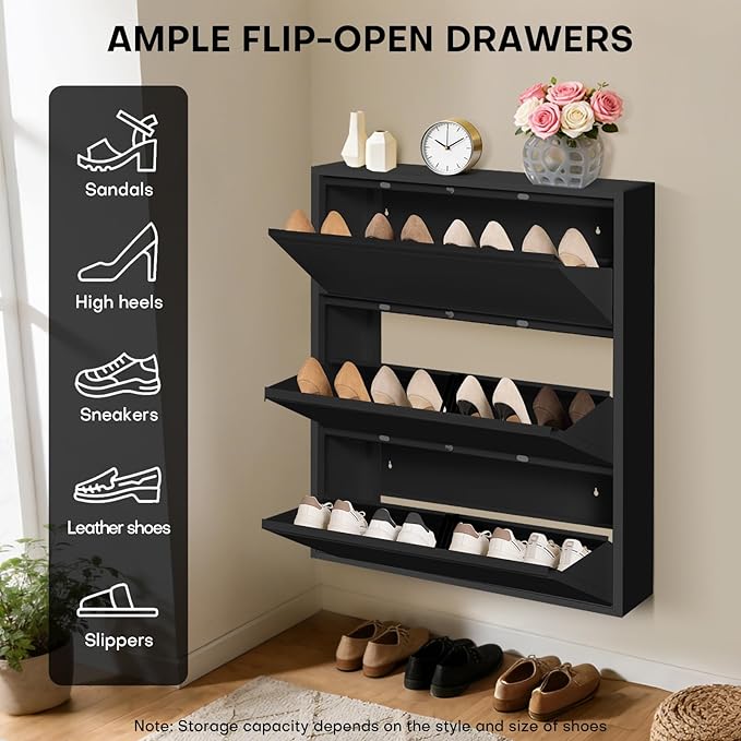 Shoe Storage Cabinet with 3 Flip Drawers, Hidden Slim Narrow Shoe Rack Cabinet, Wall Mount Metal Shoe Cabinet for Entryway, Black