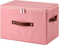 Storage Bin Box with Zippered Lid Decorative PU Leather Basket | Foldable Washable Stackable Clothing Container, Lidded Shelf Closet Organizer, with Handles & PP Plastic Boards, Pink-Large