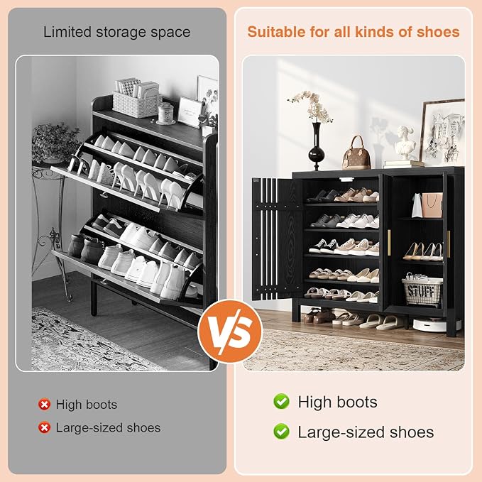 UNIQUITE Shoe Storage Cabinet with 3 Shutter Doors, 30 Pairs Shoe Cabinet with Adjustable Shelves, 5-Tier Large Shoe Rack Organizer for Entryway Hallway Living Room, Black