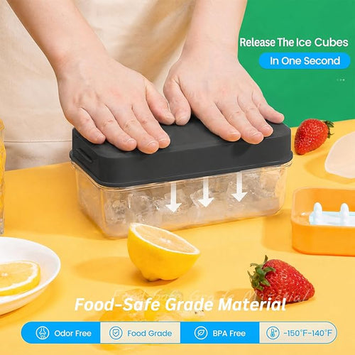 0.8“ Ice Cube Tray with Lid and Bin, PHINOX 28 Cubes Ice Trays for Freezer, Ice Cube Trays for Freezer with 1 tray, Container, Lid & Ice Scoop, BPA Free, Black(28Cubes/Tier)