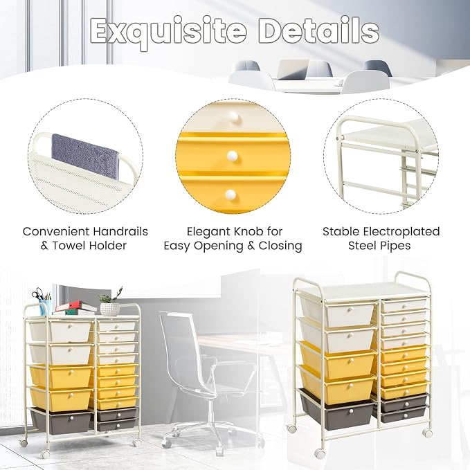 LUARANE Rolling Cart with 15 Drawers, Craft Storage Cart with Portable Handles & Lockable Wheels, Mobile Toys Organizer, Large Capacity Utility Drawer Cart Home Office School Teacher (Yellow)