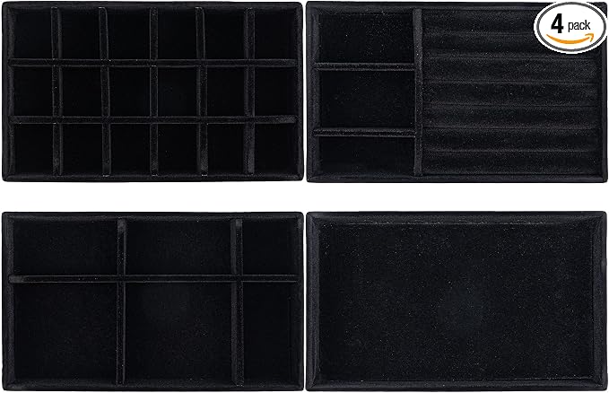 Framendino, 4 Pack Black Velvet Jewelry Trays Stackable Organizer Drawer Inserts Container Display Case for Bracelets Necklaces