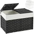 SETVSON Storage Basket with Lid Rattan Woven Storage Baskets with 2 Separate Lids, 17.2 Gallon (65 L), Wicker Storage Bins Foldable, 2 Removable Liner Bags Handles for Bedroom, Laundry Room Black