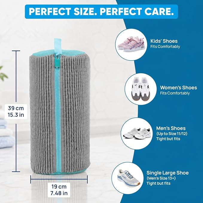 Shoe Washing Bag – 2Pcs Reusable Shoe Laundry Bags for Sneakers, 360° Deep Cleaning, Secure Lock Sneaker Washing Machine Bag with 6 Deodorizer Balls & Shoe Trees (Grey)