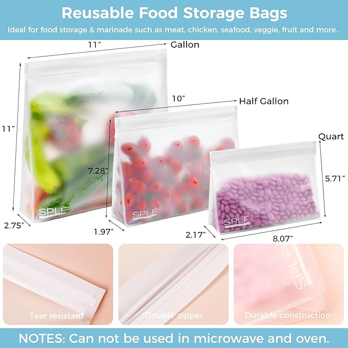 SPLF 4 Pack Dishwasher Safe Reusable Storage Bags, Reusable Gallon Freezer Bags, BPA FREE Stand Up Extra Thick Leakproof Silicone and Plastic Free Zipper Sandwich Snack Lunch Food Bags