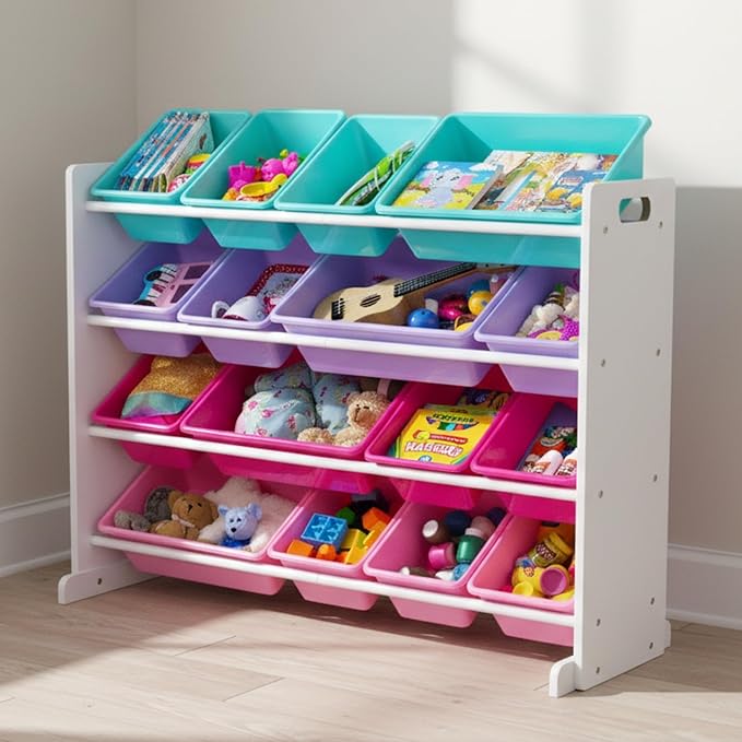 Humble Crew Toy Storage Organizer with 16 Removable Storage Bins for Kids Playroom, 4-Tier Toddler Toy Organization and Storage, White/Blue/Pink/Purple