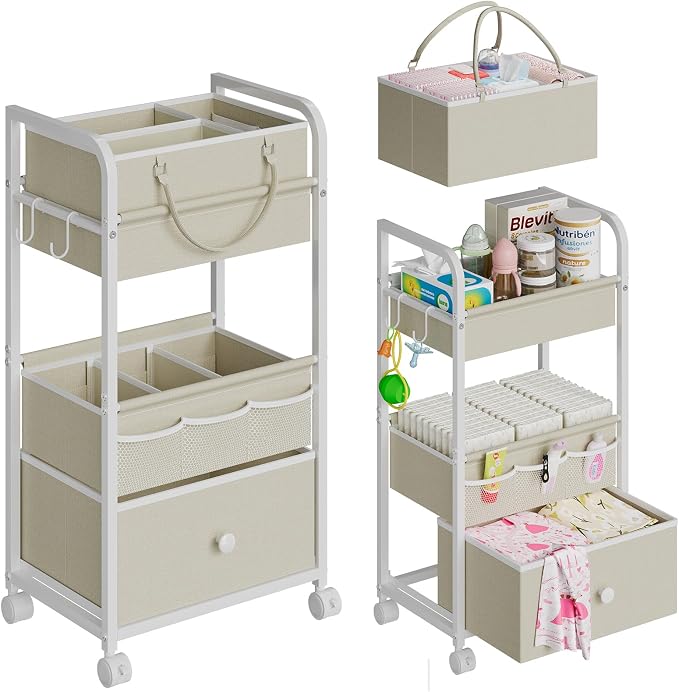 Cidaziya 2In1 Baby Diaper Caddy Organizer and Storage, 3 Tier Rolling Cart with Drawer, Detachable Dividers, Mobile Utility Cart Baby Dresser Clothes Organizer for Baby Essentials, Bedroom, Nursery