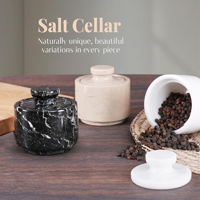 MARBLOUS KRAFTS Marble Salt Cellar 3" Black Zebra Stone salt dish, Sugar, Seasoning salt containers for Countertop, Modern salt holder with lid, Kitchen Spice Jar