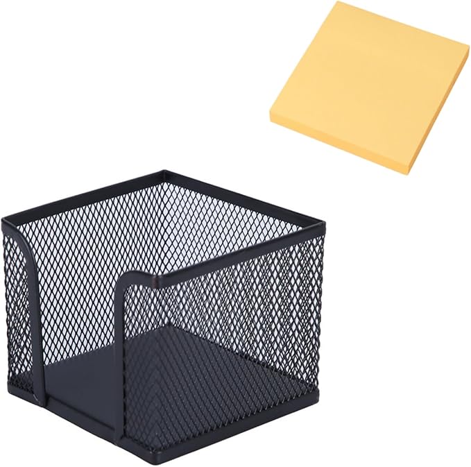 Sticky Note Holder，Mesh Memo Holder with 1 Pack Sticky Note Black Memo Pad Holder Cube Holder for Office Home School