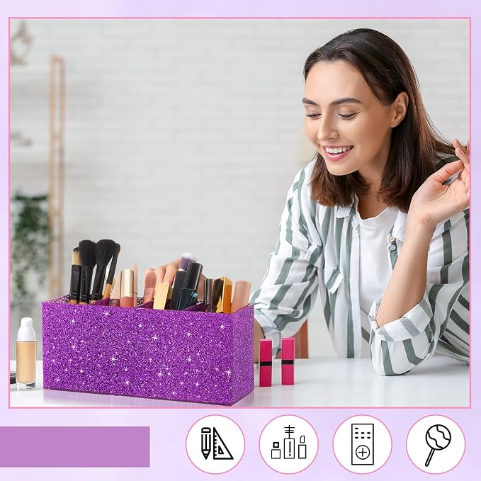 Jetec Acrylic Glitter Purple Pen Holder 4 Compartments Bling Makeup Brush Stationery Organizer Pencil Holder for Desk Accessories Sparkly Gifts for Women Back to School Birthday Desktop Office