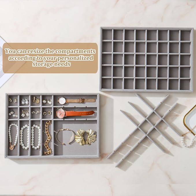 Large Jewelry Organizer for Drawer Insert Velvet Stackable Jewelry Trays for Earring Necklace Bracelet Ring Display (Gray, 40 Grids)