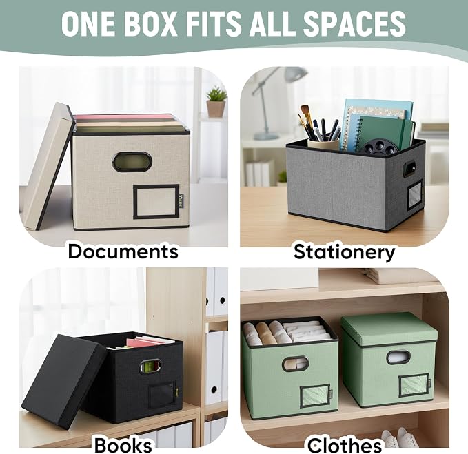 BALEINE File Organizer Box with Lid, Collapsible File Folder Organizer with Plastic Slide, Filing Box for Office Home Document Organizer Storage (Green, 2PK)