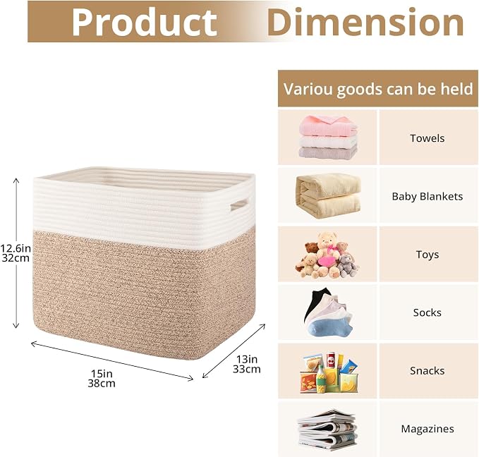 OIAHOMY 13 Inch Cube Storage Bins, 3-Pack Cotton Rope Woven Baskets for Organizing, Insert Storage Baskets for Shelves, Baby Nursery, Closet Organizer, 15 * 13 * 12.6IN, Brown & White