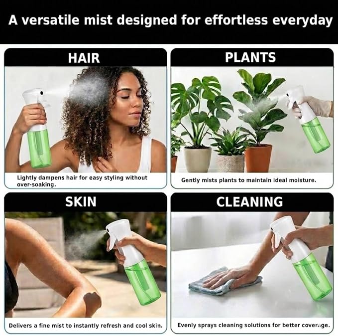 VIGOR PATH Continuous Mist Green Spray Bottle 200ml Fine Mist for Hair | Aerosol Free Reduces Hand Fatigue Salon Refillable Lightweight Cleaning