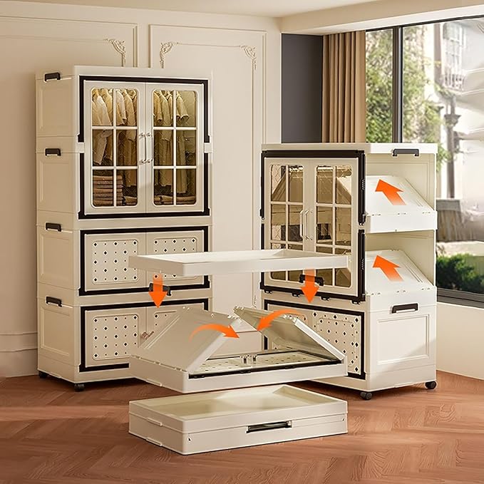 SunSettler Storage Cabinets with Lids, Stackable Storage with Wheels, Collapsible Storage with Doors, Home Office Dorm Organizer Essential