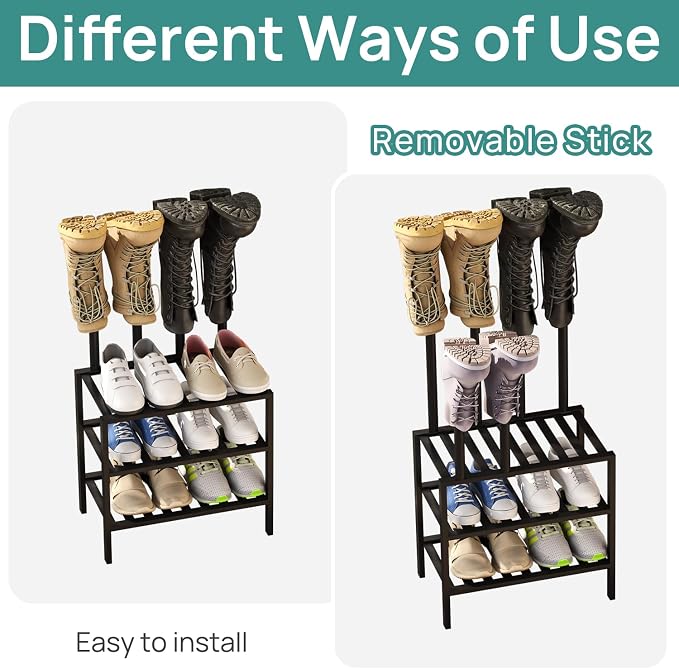 viewcare Black Boot Rack, Small Boot Rack Organizer Tall Boots with Shoe Rack for Closet, Bamboo Wood Shoe Shelf Storage Organizer for Entryway Small Space