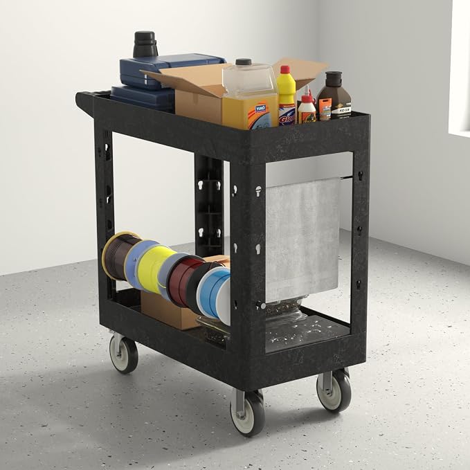 Plastic Utility Cart on Wheels, 34 x 17 Inch Rolling Service Cart-Black | 2 Shelf Work Carts, 500 lbs Capacity Heavy Duty Tool Cart W/Tub Storage & Deep Shelve, for Warehouse, Garage, Cleaning