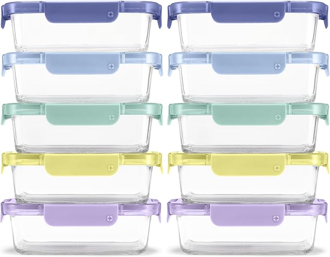 Ello Color Lock Glass Meal Prep Sets Leak-Proof Glass Food Storage Containers with Airtight BPA-Free Plastic Lids, Dishwasher, Microwave, and Freezer Safe